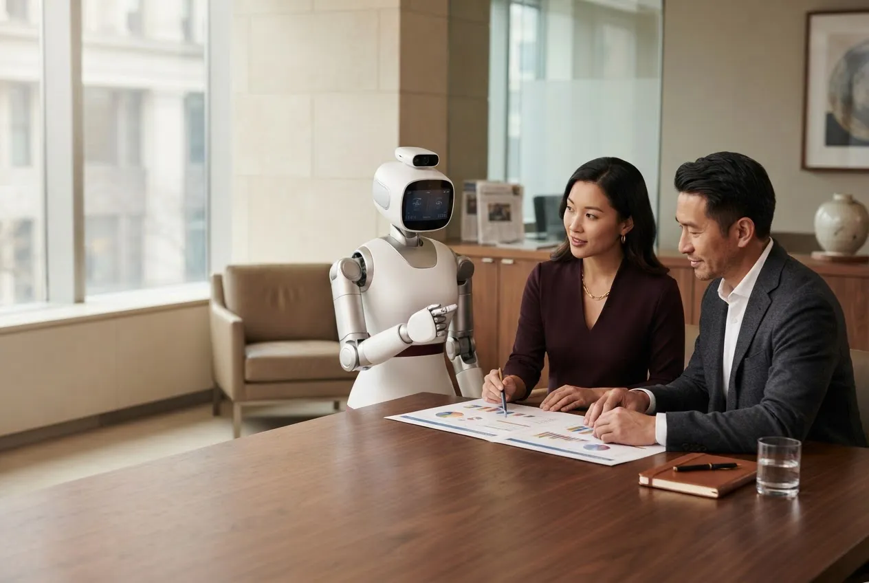 A wealth advisor and client review a portfolio with a personal AI assistant robot.